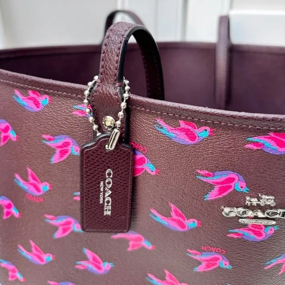Coach Reversible City Tote Bag In Happy Bird Print Canvas 55870 Oxblood 1 - Picture 13 of 13